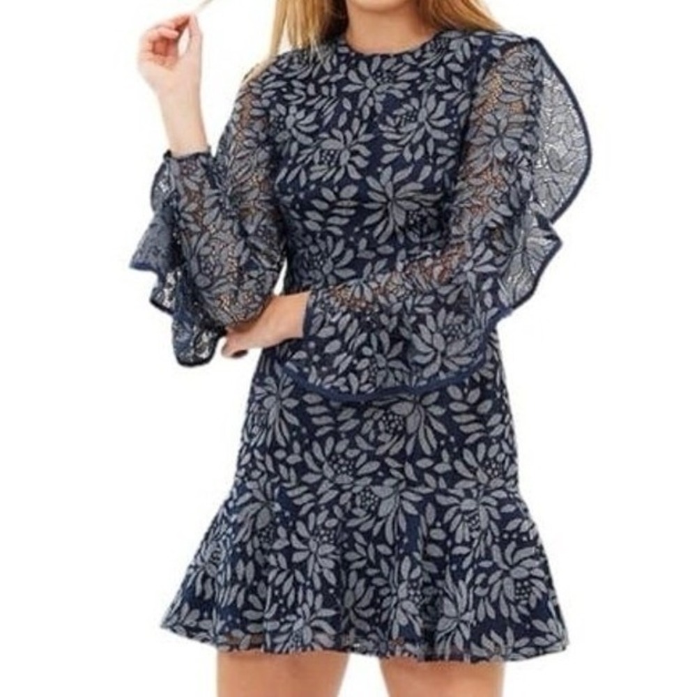 Keepsake Navy Floral‎ Lace Mini Dress Sheer Sleeve Cocktail Party Size L